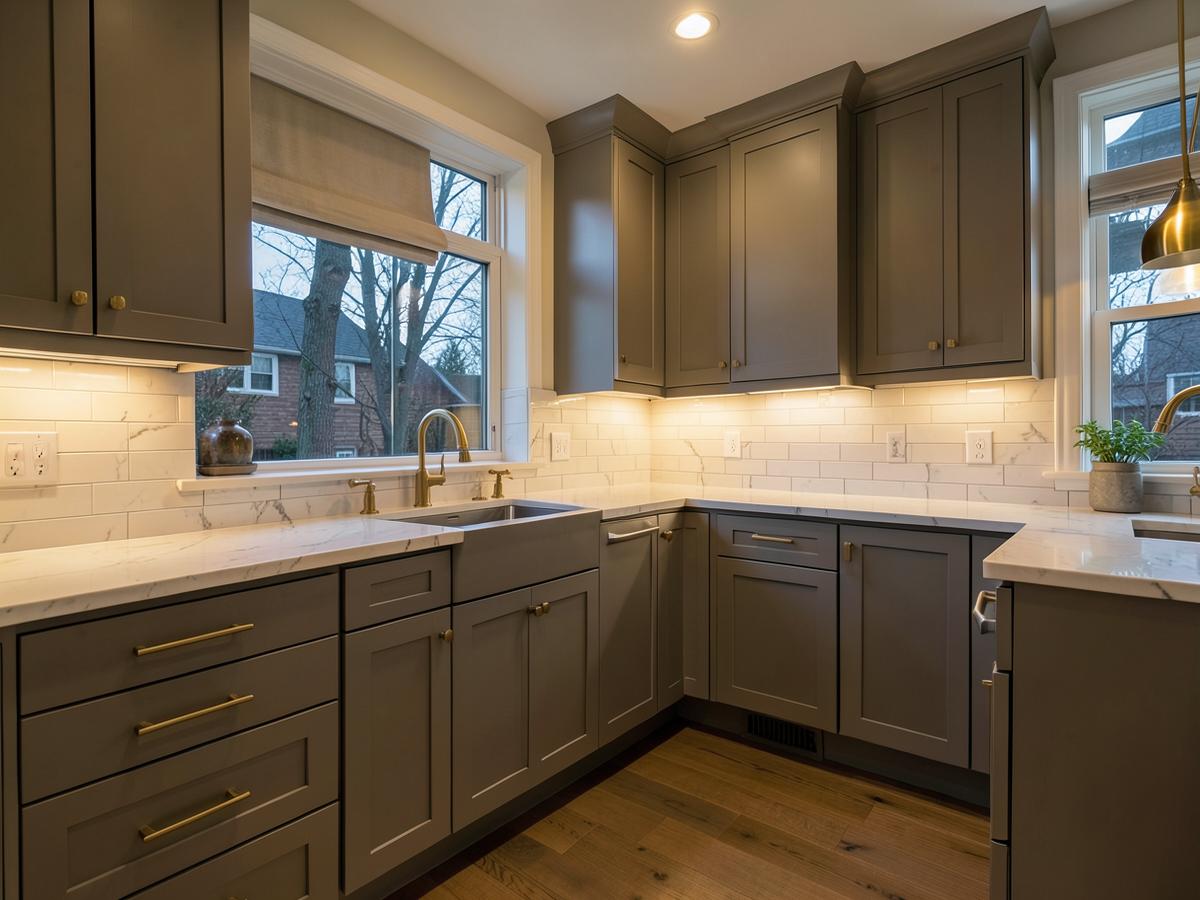 Remodeled kitchen with shaker cabinets and quartz counters